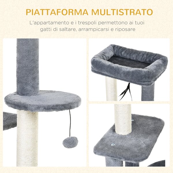 PawHut Albero Tiragraffi per Gatti con Cuccia e Colonna In Sisal con Giocattoli sospesi Stabili Altezza 147 cm|Aosom
