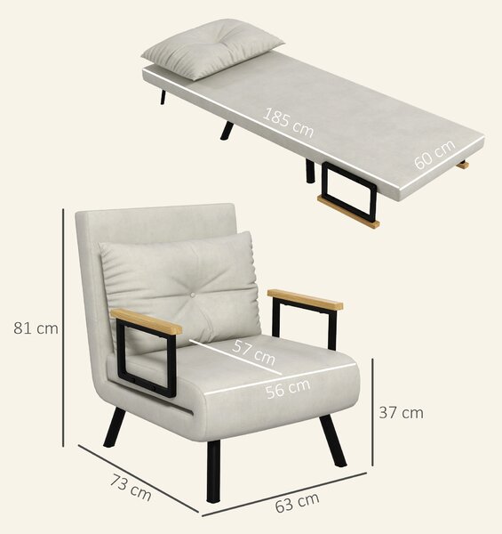 HOMCOM Poltrona Letto Singolo in Tessuto Effetto Velluto Reclinabile in 5 Posizioni con Cuscino Sfoderabile, 63x73x81cm, Crema | Aosom Italy