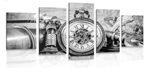 Quadri in 5 parti orologi dal passato in bianco e nero - 200x100
