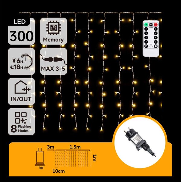 Aigostar - Catena luminosa LED natalizia da esterno 300xLED/6W/230V/8 funzioni 3x1m IP44 bianco caldo+telecomando
