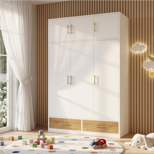 Armadio per bambini okiwish con cassetti e appendiabiti, design a 3 ante, mobile contenitore con ripiano superiore, ampio spazio di stoccaggio, bianco