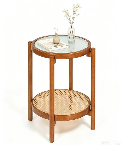 KOMFOTTEU Tavolino rotondo in legno, tavolino da divano a 2 piani in stile boho