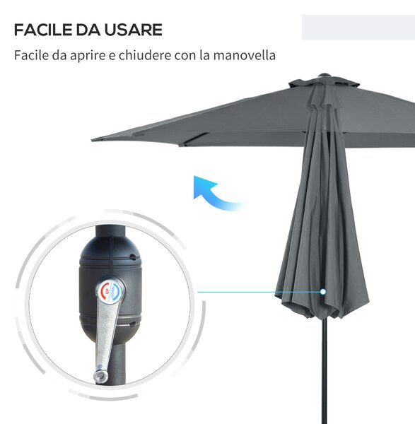 Outsunny Ombrellone da Giardino Φ300cm Grigio Scuro, Inclinabile con Manovella, in Metallo e Poliestere, Elegante|Aosom