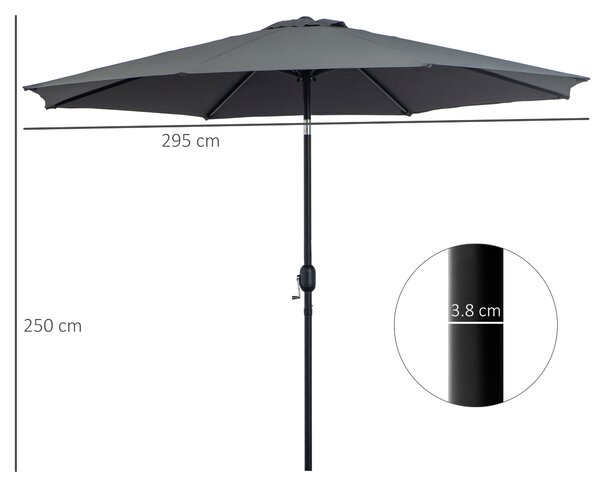 Outsunny Ombrellone da Giardino Φ300cm Grigio Scuro, Inclinabile con Manovella, in Metallo e Poliestere, Elegante|Aosom