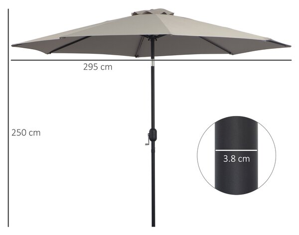 Outsunny Ombrellone da Giardino Φ2.95m Inclinabile con Manovella e Palo Centrale in Metallo Rimuovibile, Grigio Chiaro | Aosom