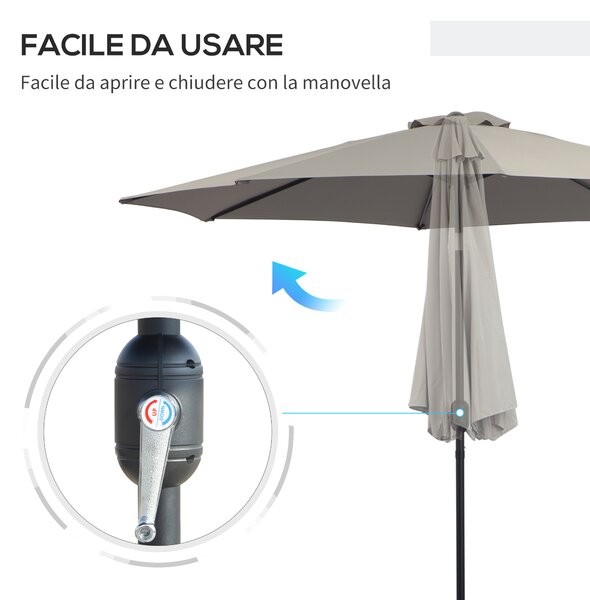 Outsunny Ombrellone da Giardino Φ2.95m Inclinabile con Manovella e Palo Centrale in Metallo Rimuovibile, Grigio Chiaro | Aosom