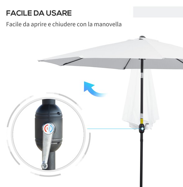 Outsunny Ombrellone da Giardino Φ300cm Inclinabile con Manovella in Metallo e Poliestere Bianco|Aosom
