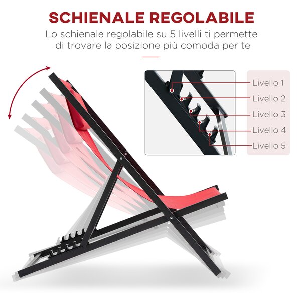 Outsunny Set 2 Sedie Poltrona Sdraio da Esterni, Pieghevoli e Reclinabili, in Alluminio, Rosso, 96.5 x 58 x 91.5cm|Aosom