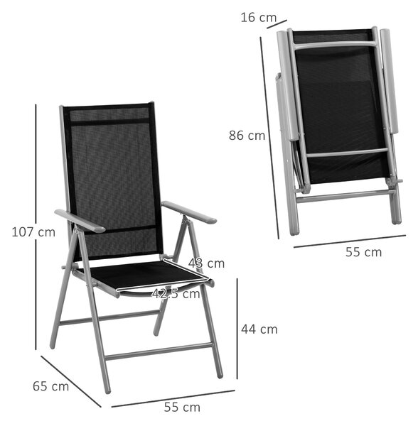 Outsunny Sedia da Giardino Pieghevole Nero in Alluminio e Texteline, Schienale Regolabile a 7 Livelli, 65x55x85-105cm, Confort|Aosom