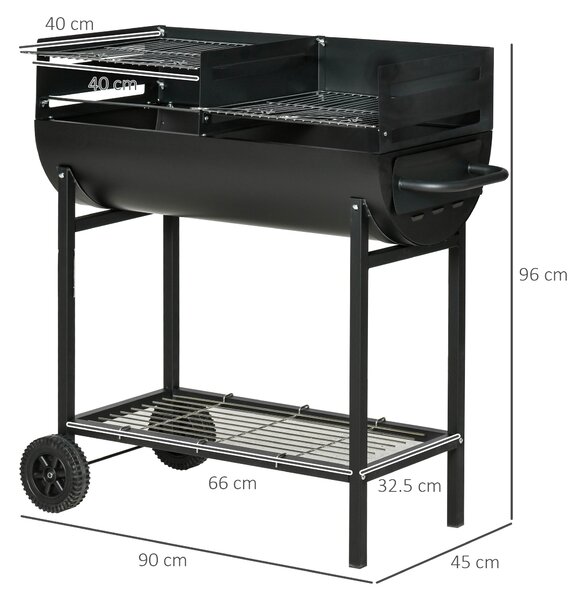 Outsunny Barbecue con 2 Griglie Indipendenti in Acciaio, 2 Ruote e Ripiano Inferiore, 90x45x96 cm, Nero | Aosom Italy