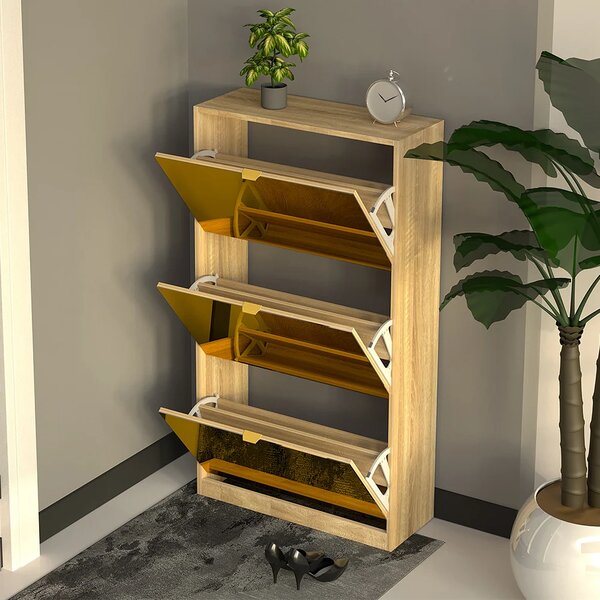 Scarpiera Slim 3 Ante a Ribalta 63x24x115 cm con Frontali a Specchio e Maniglie Integrate in Legno Marrone