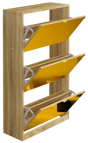 Scarpiera Slim 3 Ante a Ribalta 63x24x115 cm con Frontali a Specchio e Maniglie Integrate in Legno Marrone