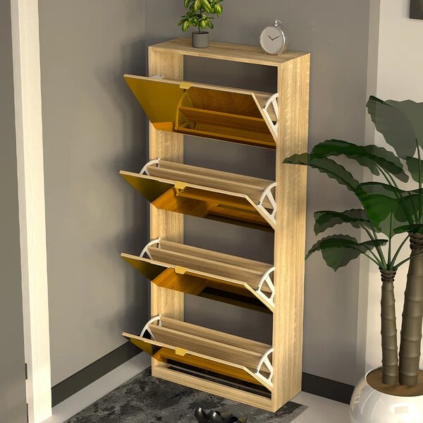 Scarpiera Slim 4 Ante a Ribalta 63x24x150 cm con Frontali a Specchio e Maniglie Integrate in Legno Marrone