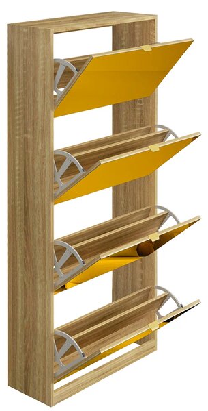 Scarpiera Slim 4 Ante a Ribalta 63x24x150 cm con Frontali a Specchio e Maniglie Integrate in Legno Marrone