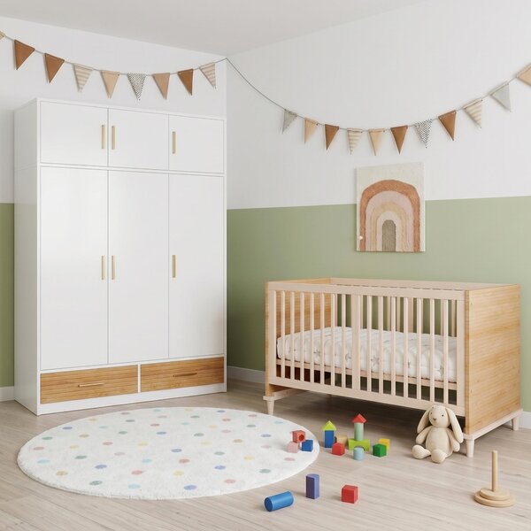 Set di armadio per bambini e lettino, composto da: - Lettino con sponde di sicurezza. - Armadio con ampio spazio di stoccaggio. Colori: naturale e bianco