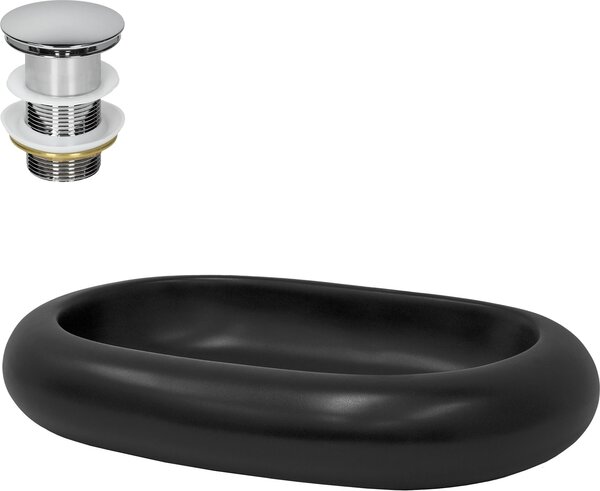 Lavabo LuxeBath Lavabo da appoggio ovale, 65x45x11 cm, nero, in Vetroceramica, incl. set di scarico senza troppopieno