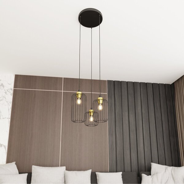 Sospensione Minimal Industrial Donar 3 Luci Tonda Nera E Oro