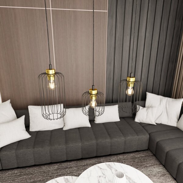 Sospensione Minimal Industrial Donar 3 Luci Lineari Nera E Oro
