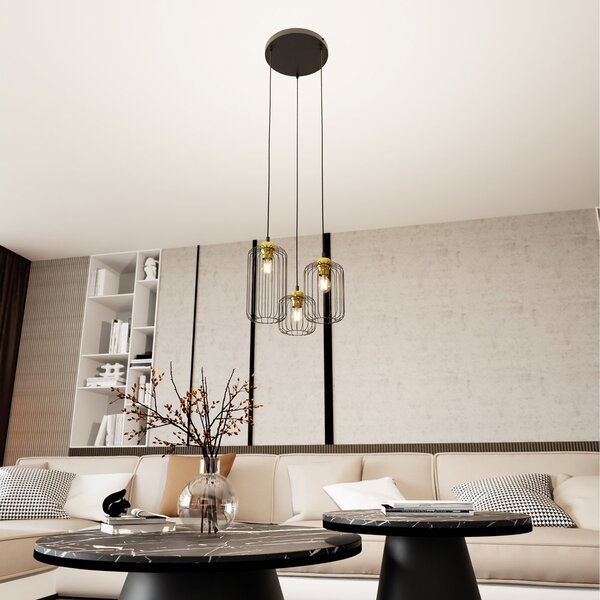 Sospensione Minimal Industrial Donar 3 Luci Tonda Nera E Oro