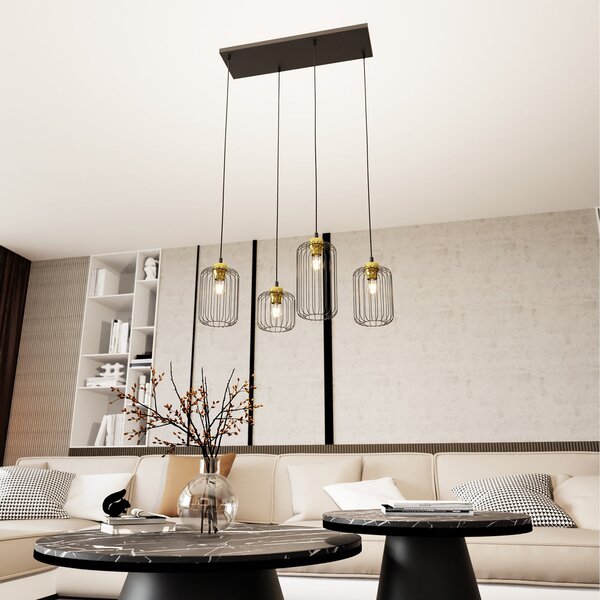 Sospensione Minimal Industrial Donar 4 Luci Lineari Nera E Oro