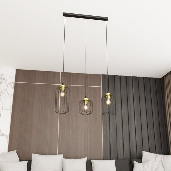 Sospensione Minimal Industrial Donar 3 Luci Lineari Nera E Oro