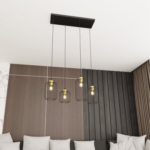 Sospensione Minimal Industrial Donar 4 Luci Lineari Nera E Oro