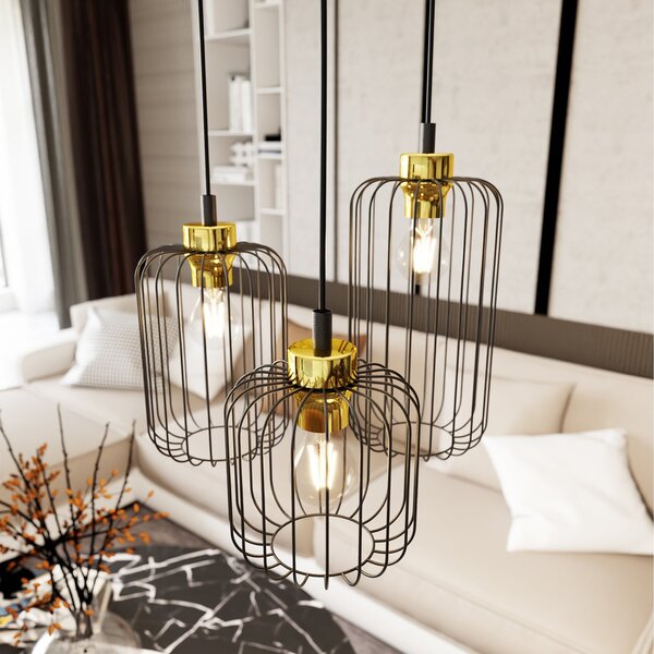 Sospensione Minimal Industrial Donar 3 Luci Tonda Nera E Oro
