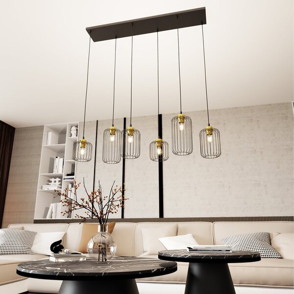 Sospensione Minimal Industrial Donar 6 Luci Lineari Nera E Oro