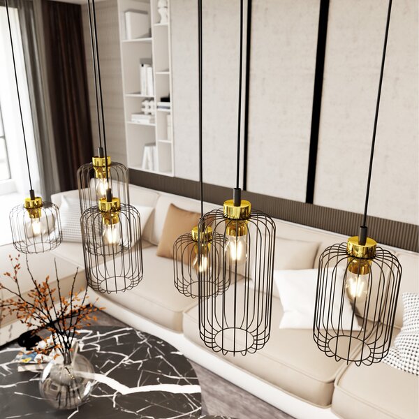 Sospensione Minimal Industrial Donar 6 Luci Lineari Nera E Oro