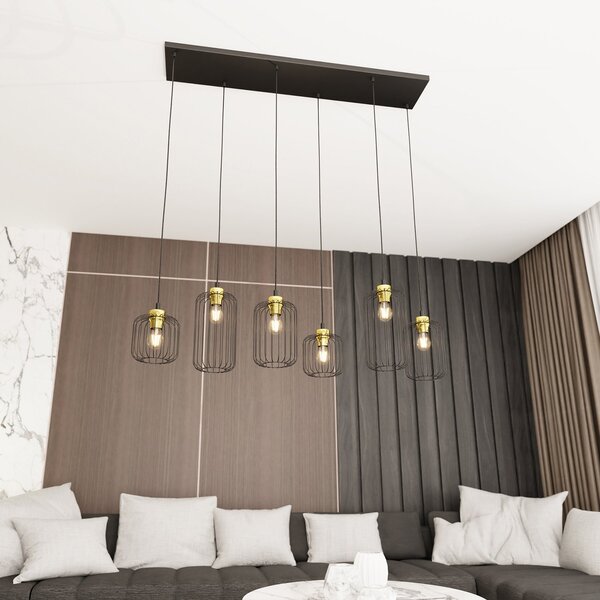 Sospensione Minimal Industrial Donar 6 Luci Lineari Nera E Oro