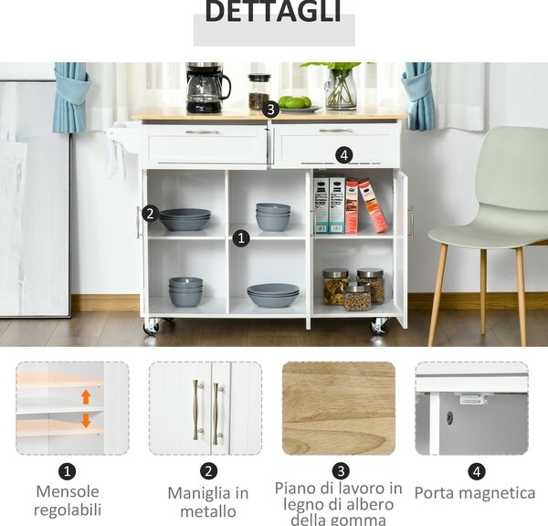HOMCOM Carrello da Cucina Multiuso con 2 Cassetti, 3 Antine e 4 Ruote, in Legno e MDF, 121x46x91cm, Bianco|Aosom