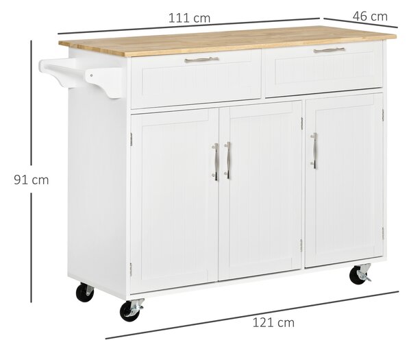 HOMCOM Carrello da Cucina Multiuso con 2 Cassetti, 3 Antine e 4 Ruote, in Legno e MDF, 121x46x91cm, Bianco|Aosom