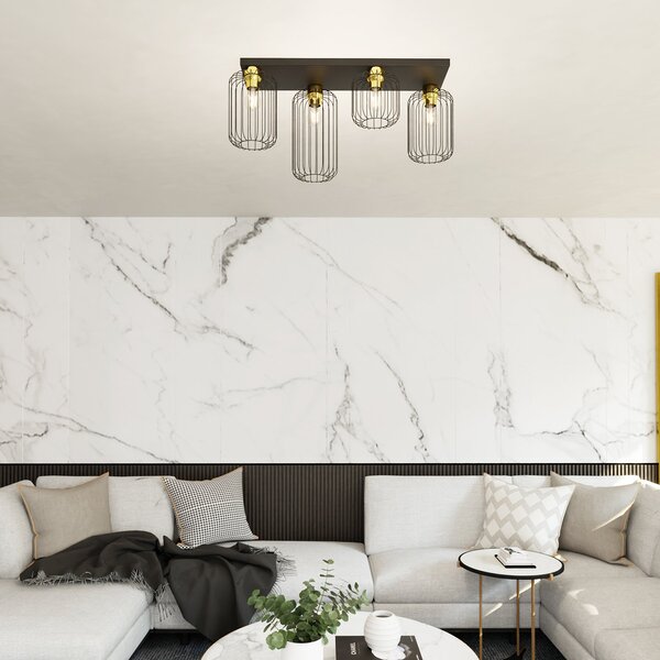 Plafoniera Minimal Industrial Njoror 4 Luci Lineari Nera E Oro