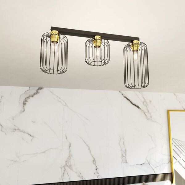 Plafoniera Minimal Industrial Njoror 3 Luci Lineari Nera E Oro