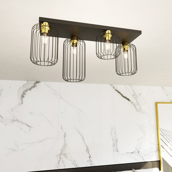 Plafoniera Minimal Industrial Njoror 4 Luci Lineari Nera E Oro