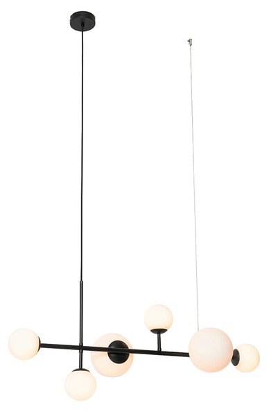 Moderne hanglamp zwart met mat glas 6-lichts - Monaco