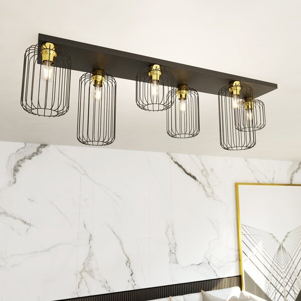 Plafoniera Minimal Industrial Njoror 6 Luci Lineari Nera E Oro