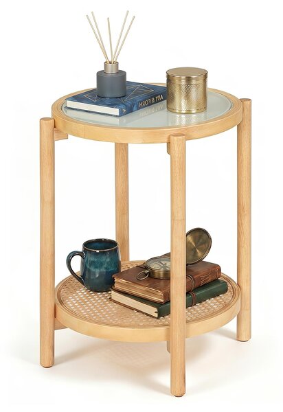 KOMFOTTEU Tavolino rotondo in legno, tavolino da divano a 2 piani in stile boho
