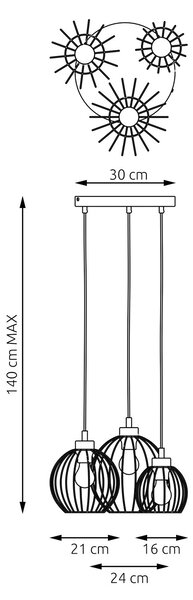 Sospensione Minimal Industrial Euryphaessa 3 Luci Tonda Nera