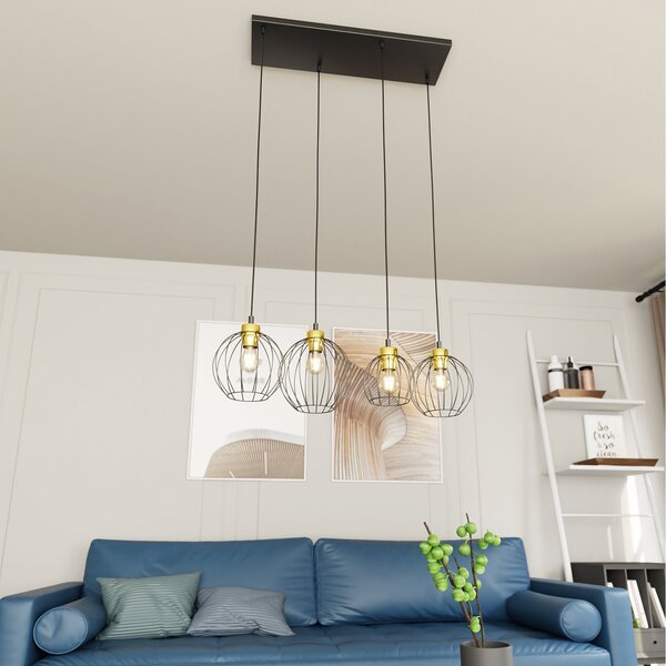 Sospensione Minimal Industrial Euryphaessa 4 Luci Lineari Nera E Oro