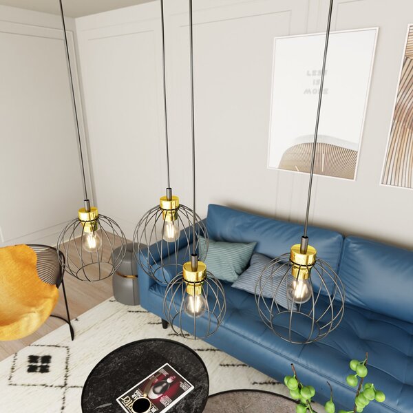 Sospensione Minimal Industrial Euryphaessa 4 Luci Lineari Nera E Oro