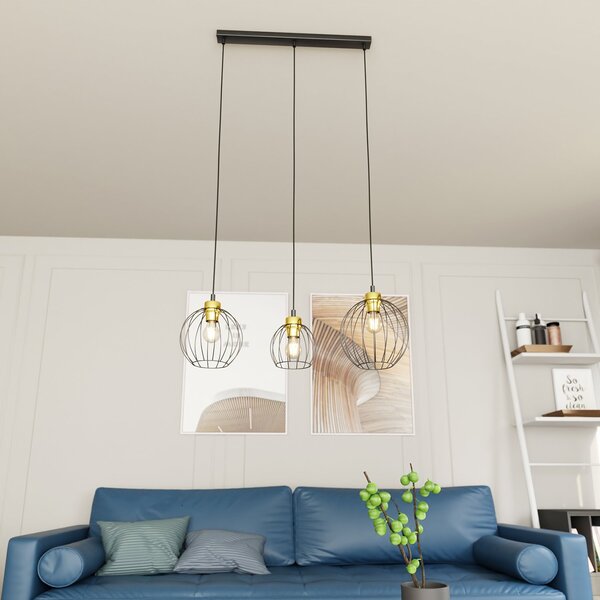 Sospensione Minimal Industrial Euryphaessa 3 Luci Lineari Nera E Oro