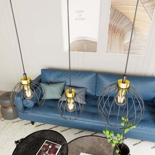 Sospensione Minimal Industrial Euryphaessa 3 Luci Lineari Nera E Oro