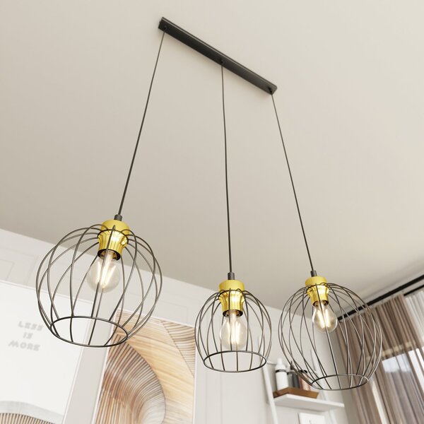 Sospensione Minimal Industrial Euryphaessa 3 Luci Lineari Nera E Oro