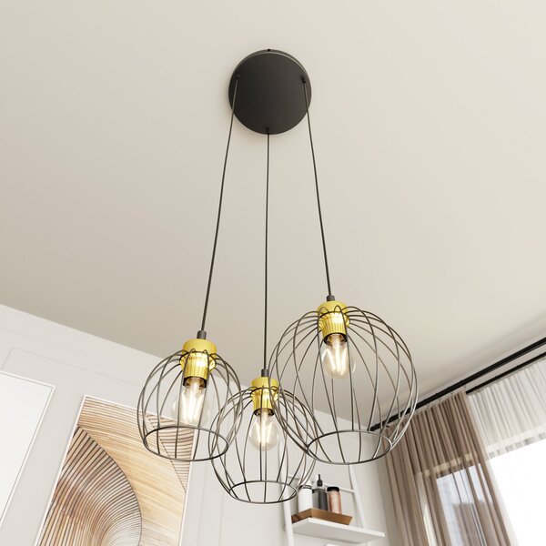Sospensione Minimal Industrial Euryphaessa 3 Luci Tonda Nera E Oro