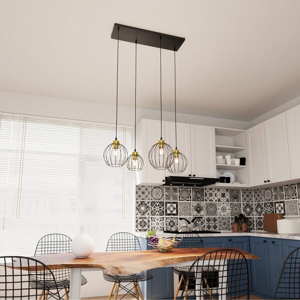 Sospensione Minimal Industrial Euryphaessa 4 Luci Lineari Nera E Oro