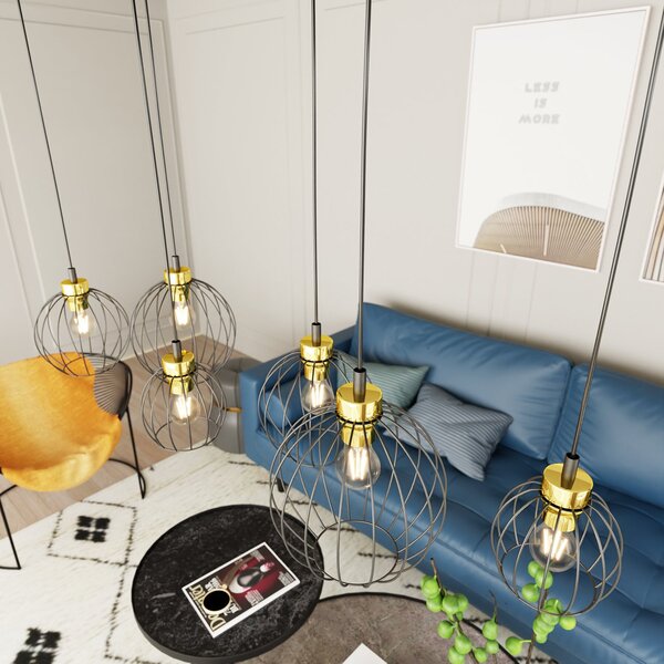 Sospensione Minimal Industrial Euryphaessa 6 Luci Lineari Nera E Oro