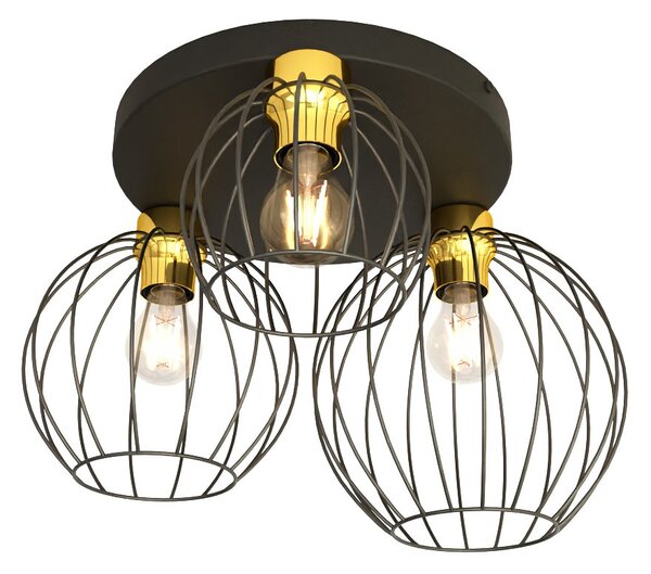 Plafoniera Minimal Industrial Orion 3 Luci Tonda Nera E Oro