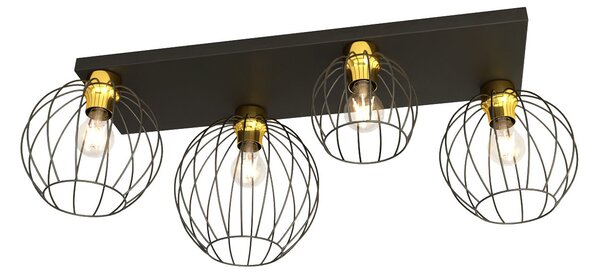 Plafoniera Minimal Industrial Orion 4 Luci Lineari Nera E Oro