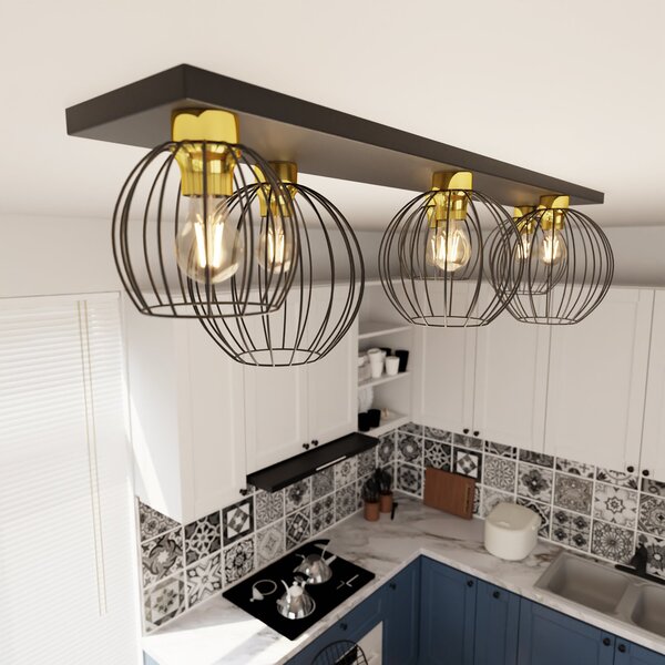 Plafoniera Minimal Industrial Orion 6 Luci Lineari Nera E Oro